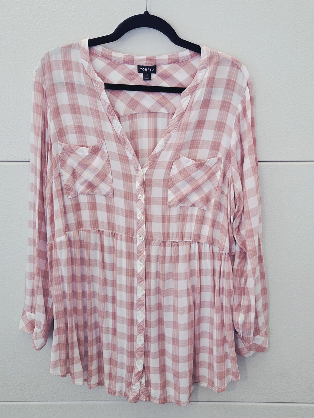 torrid Pink and White Plaid Babydoll Button-Down Top